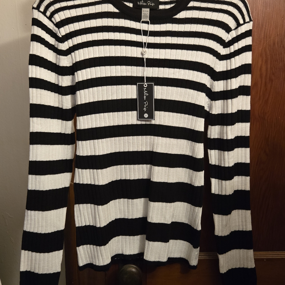 Nwt Melissa Paige Black & White Striped Ribbed Crew Sweater